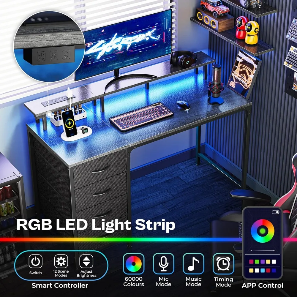 47 Inch Gaming and Office Computer Desk with 4 Drawers, LED Lights, Monitor Stand, Power Outlets, Ergonomic Design