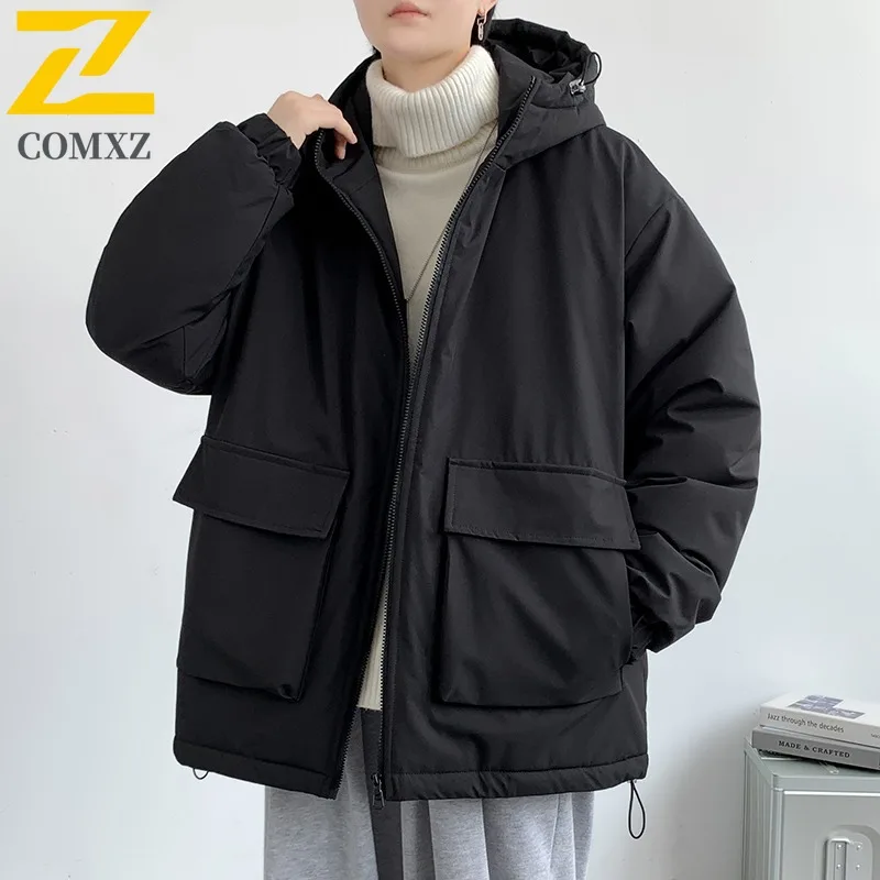 

COMXZ 2025/мужская однотонная качественная рабочая одежда с двусторонней молнией, хлопковая куртка, осенне-зимнее легкое пальто с капюшоном и несколькими карманами