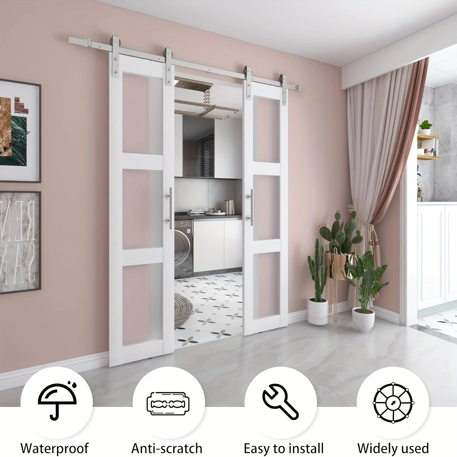Double-glazed barn door with 6.6-foot brushed nickel sliding door hardware kit and handle