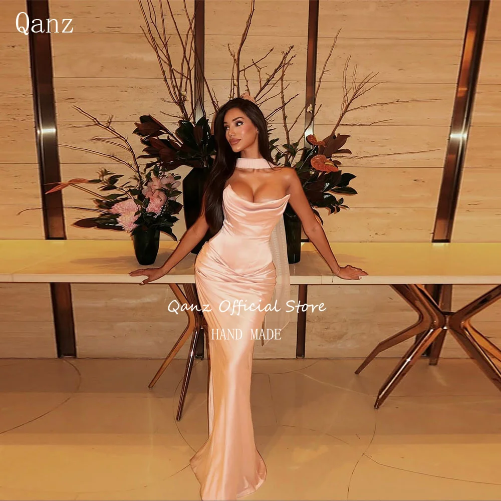 

Qanz Blush Pink Атласные вечерние платья Русалка Сексуальное платье без рукавов Vestidos De Fiesta Elegantes Платье для выпускного вечера с открытой спиной по индивидуальному заказу