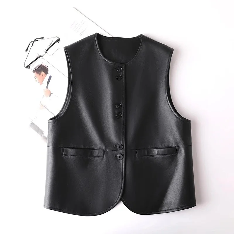 

Spring Autumn Pu Vest Sleeveless Leather Jacket Women Korean Style Slim O-Neck Single Breasted Soft Short Leather Waistcoat Coat