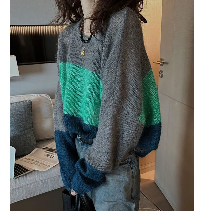 Female Loose Fashion Round Neck Striped Knitted Pullovers Autumn Winter Women's Clothing Long Sleeve All-match Patchwork Sweater