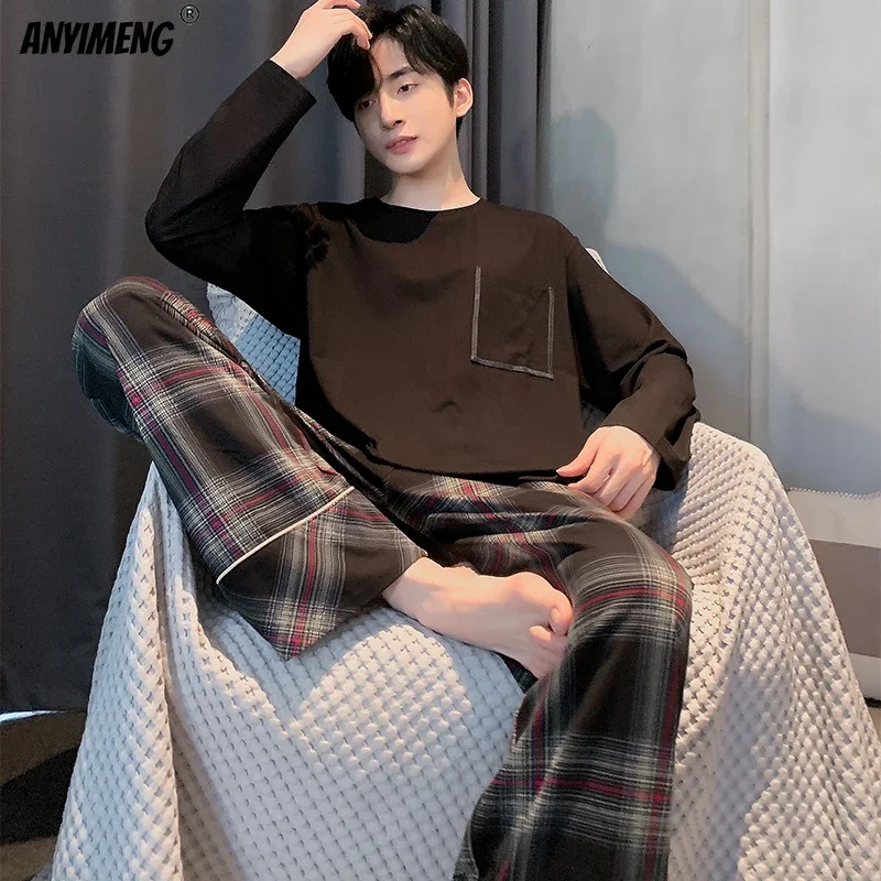 Fashion Sleepwear Young Man\'s Pajama Set Black Plaid Cool Stylish Korean Pijamas Long Sleeved Autumn Winter Leisure Homewear 4xl