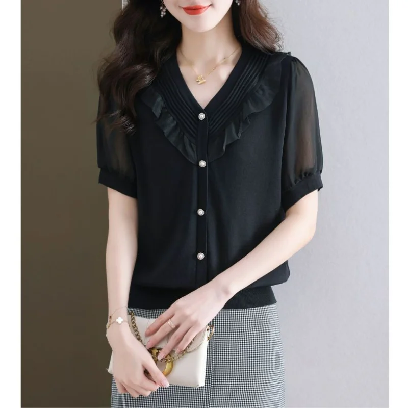 Fashion Ice Silk Short Sleeved T-shirt Women Summer Auricularia Auricula V-Neck Button Loose Age Reducing Korean Yarn Sleeve Top