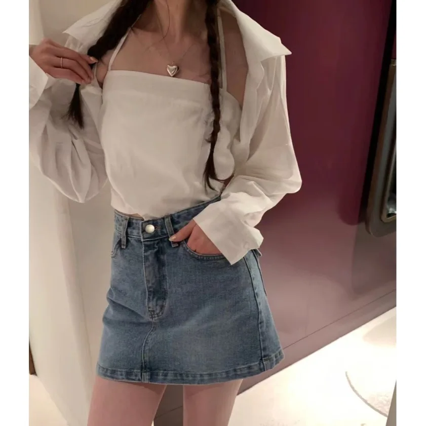 

Chic Summer 2026 Women's Slim Fit Long Sleeve Shirt Collar Stand up Top with Strap Two Piece Set Fashionable Base Layer Blouse