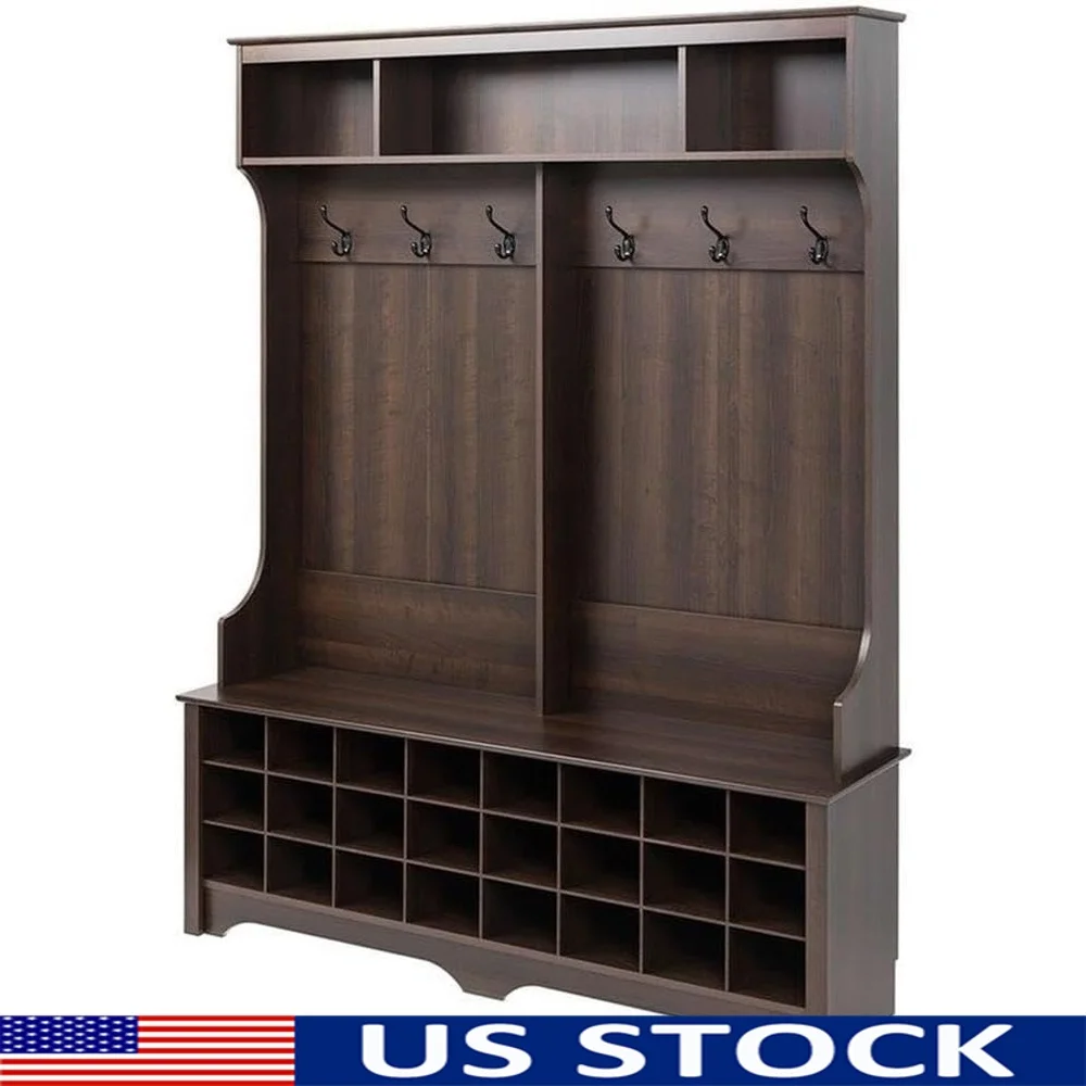 

Brown Hall Tree Shoe Cabinet with 24 Cubbies 6 Double Hooks Entryway Storage Organizer Freestanding Coat Rack with Bench