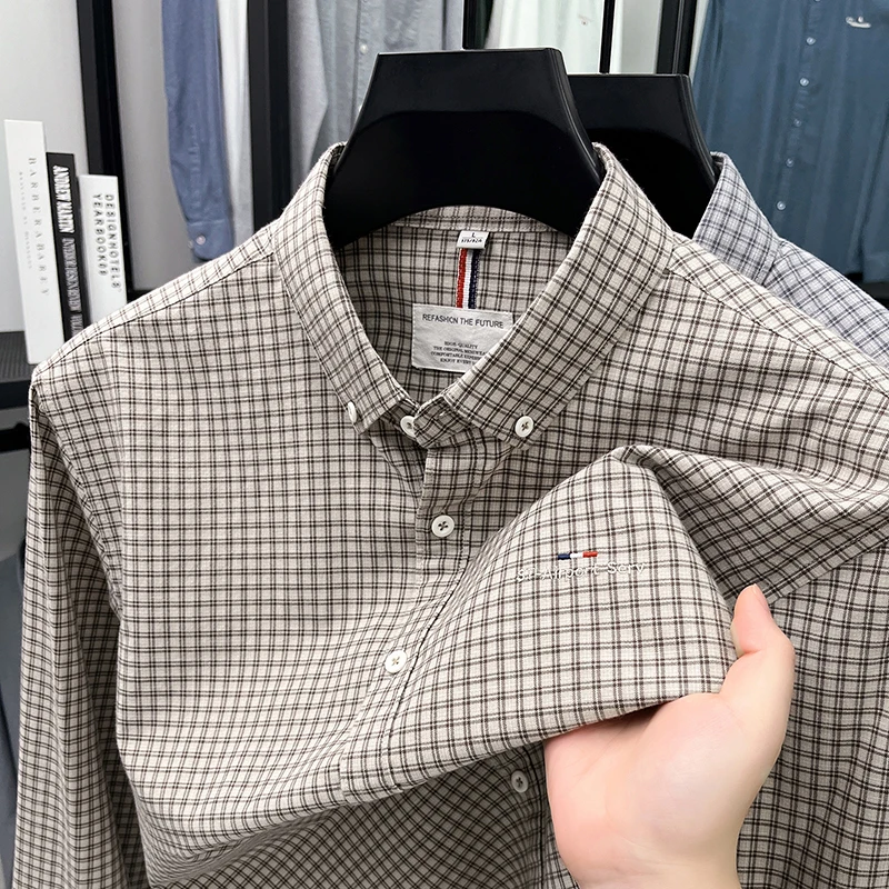 100% cotton fashionable high-quality men's checkered long sleeved business casual embroidery versatile comfortable classic shirt