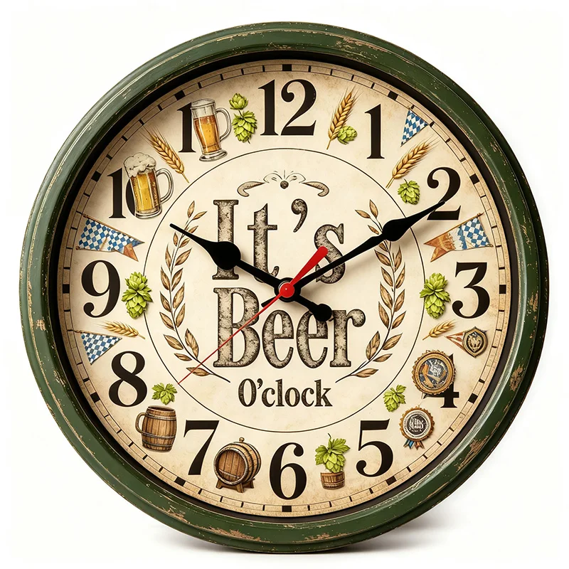 Distressed Green Wall Clock It's Beer O'clock Bavarian Flag Beer Mug Hop Print Silent Non-ticking Wall Art Clock Vintage Bar Pub Oktoberfest Decor