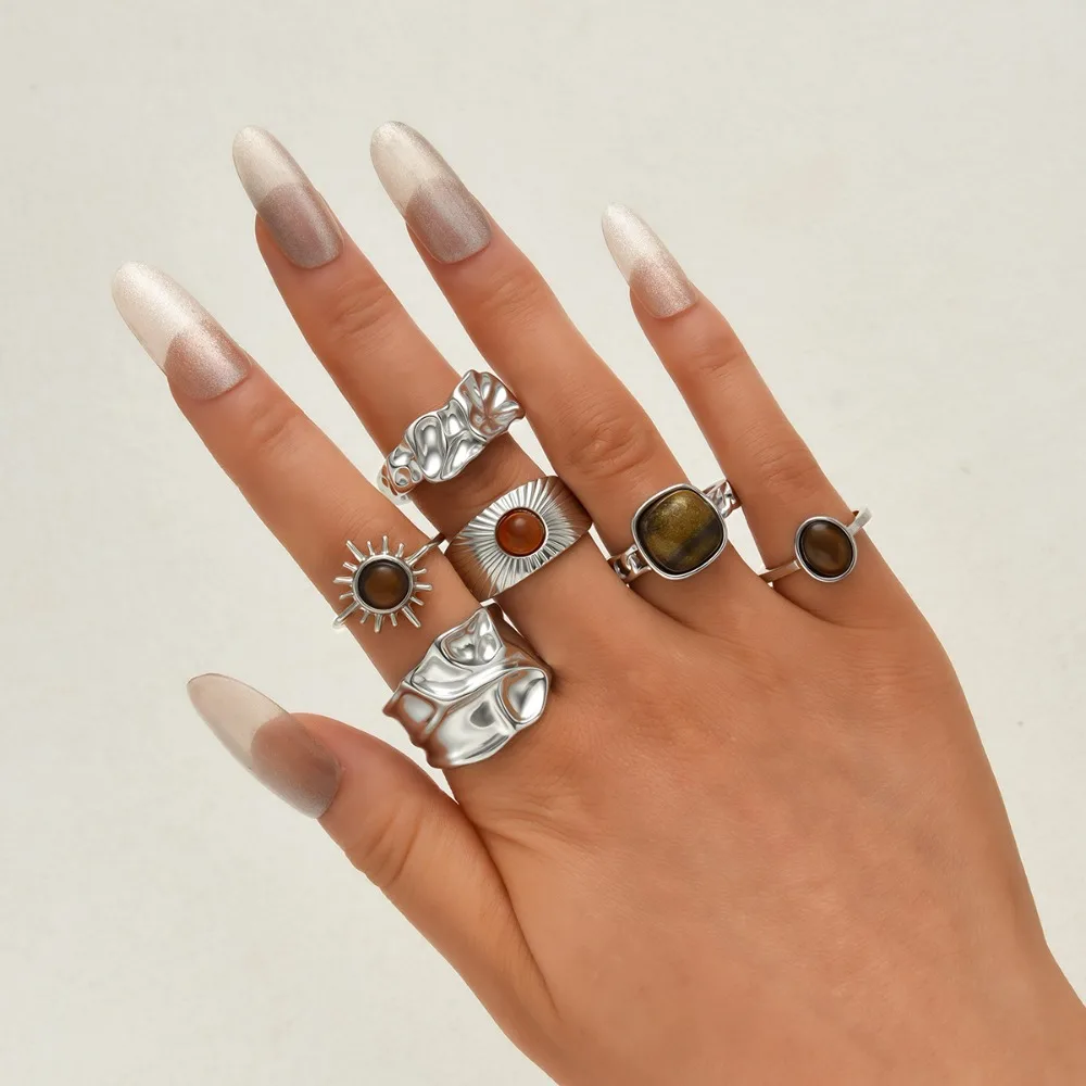 6 Pcs Set Vintage Tiger Eye Stone Ring Set for Women Fashion Gold Color Irregular Sun Flower Open Rings Boho 2026 Jewelry Gifts