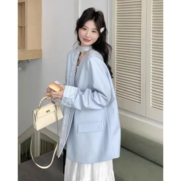 

Casual Woman Blazer Sacks Temperament Blue Outerwears Wear Burgundy Formal Minimalist Commute Short Summer Streetwears Wrap