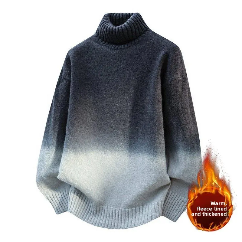 

Men's Winter Thiened Fce Lined adient Color Knitted Sweater Casual Versatile High Collar Warm Faionable Youthful