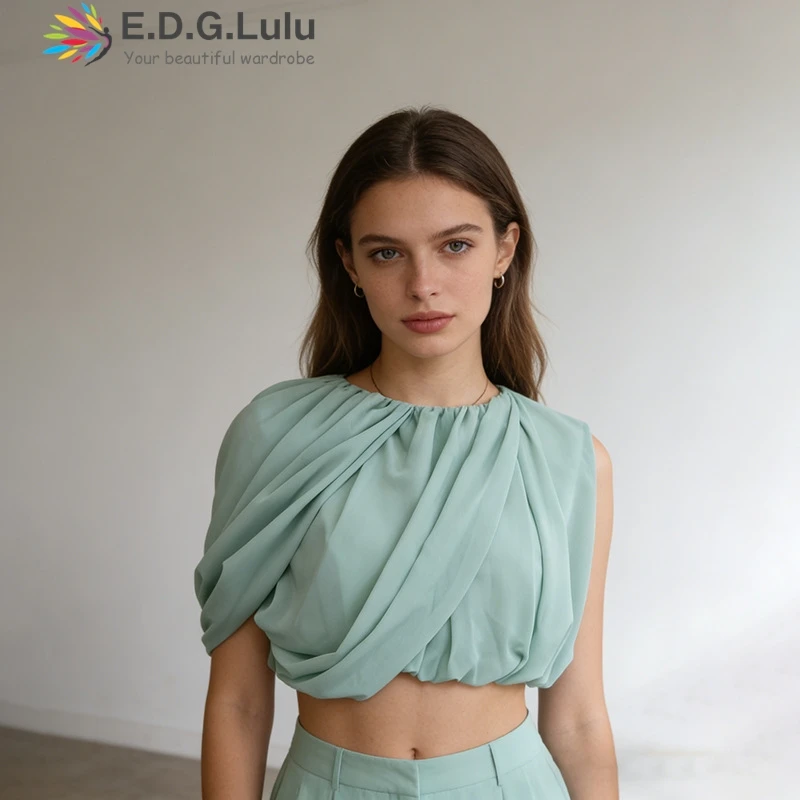 EDGLuLu 2026 New Women Casual Short Top O Neck Solid Color Pleated Irregular Chiffon Blouse Fashion Daily Shirts 0424