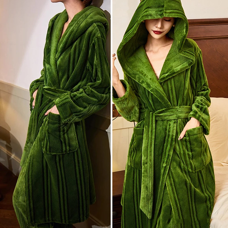 

Luxury Thick Flannel Long Robe Pajamas Set Retro Green Stripe Loungewear Hooded Bathrobe Pijamas Suit Warm Coral Fleece Homewear