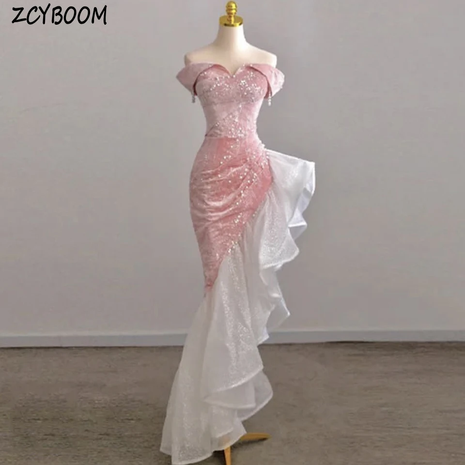 Exquisite Pink V-Neck Off The Shoulder Sequin  Beaded Evening Dress 2025  Mermaid Floor Length Asymmetrical Party Prom Dress