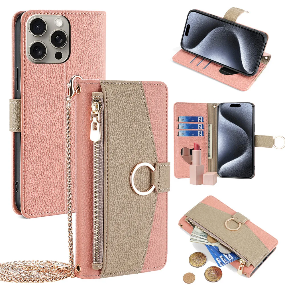 Zipper Wallet Shoulder Strap Case for iPhone 14 13 12 11 15 16 17 18 Pro Max 16 Plus Leather Card Pocket Lanyard Flip Cover