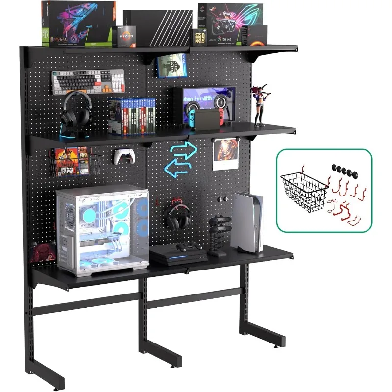 DDB Gaming Pegboard Standing Shelf Units, Modular Pegboard and Shelf System with 15 Pieces Organizer Tool Holders