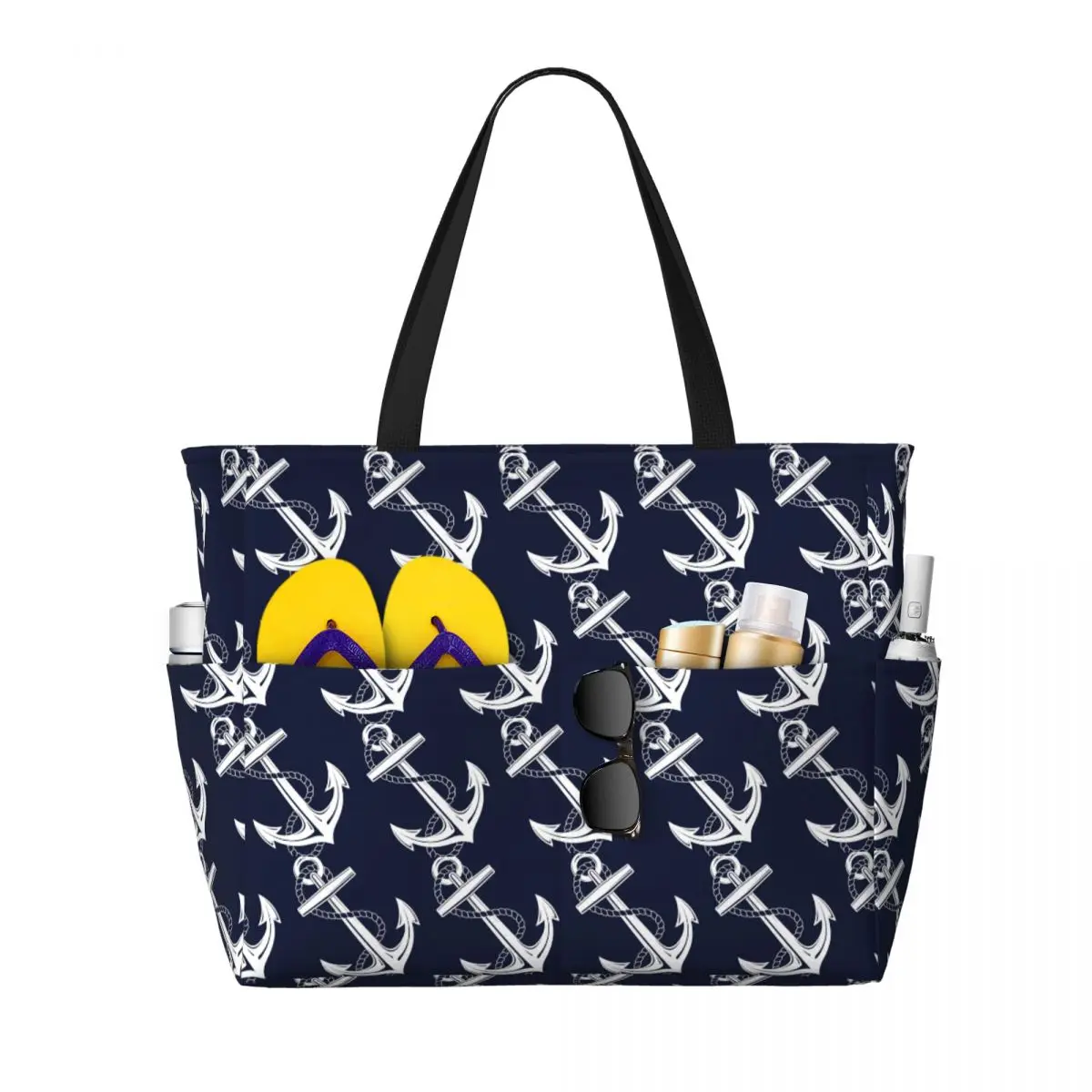 

Anchor Nautical White & Navy Beach Tote Bag Sport Gym Yoga Duffle Large Tote Bag Women Travel Bag Fitness bag