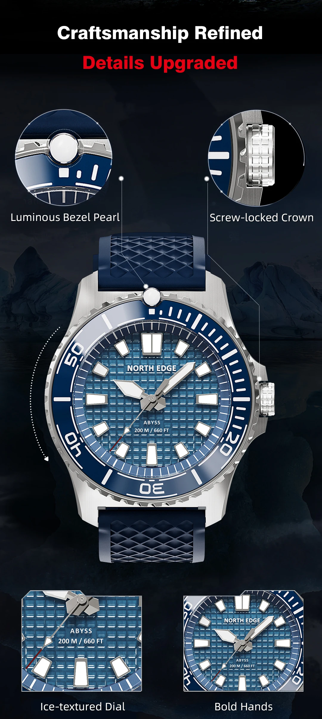 NORTH EDGE ABYSS Herren Quarzuhr Solarbetriebene Luxusuhr 200M Wasserdichte Taucheruhr 316L Stahlgehäuse 180+ Tage Energievorrat – Detail 5