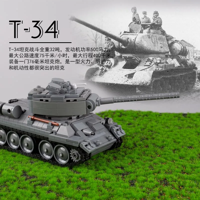 WW2 Military T34 Soviet Tank Building Blocks Armored Vehicle Model Figures Soldiers Weapons PPSH Army Guns Moc Bricks Kids Toys