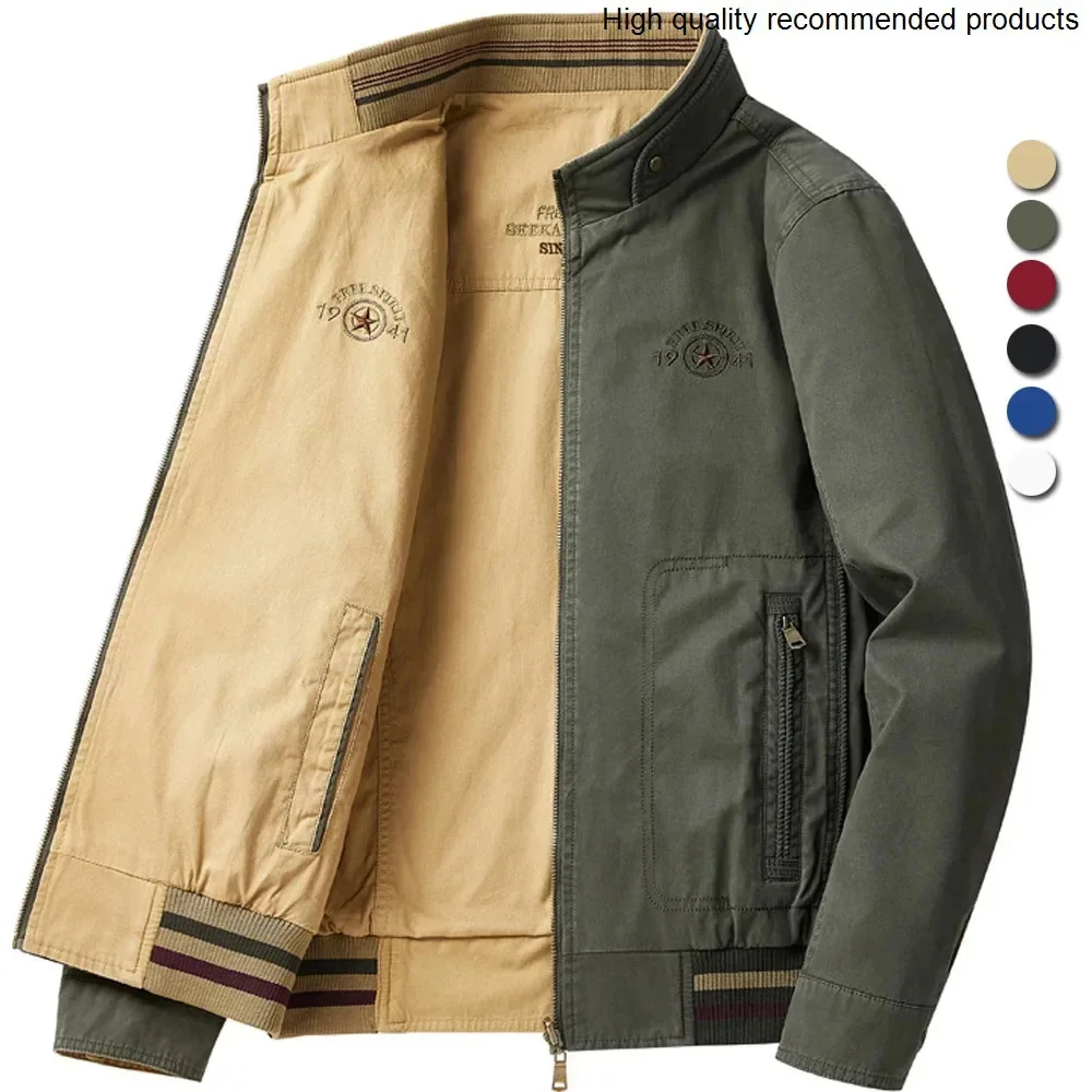 

Bomber 100% Pure Cotton Casual Jacket Men Double Sided Baseball Jackets Middle-aged Loose Stand Collar Coats Spring Autumn 6XL
