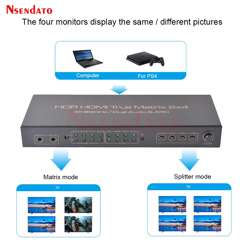 4K HDMI Matrix 2X4 Splitter 4K 60Hz 2 In 4 Out HDMI Splitter Switcher Audio Extractor ARC AUX SPDIF Scale Down สำหรับ PS5/4 TV DVD