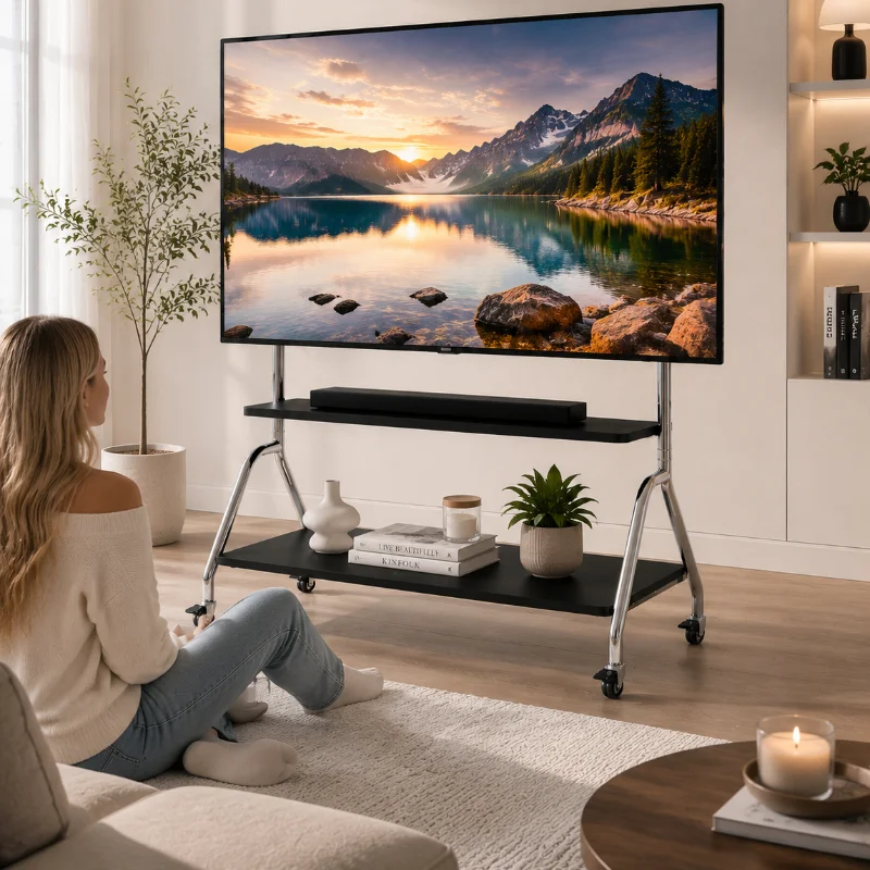 Nordic  Mobile TV Cart Stand Stainless Steel Frame Wooden Shelves Storage Modern Design for Living Room Office Durable Casters