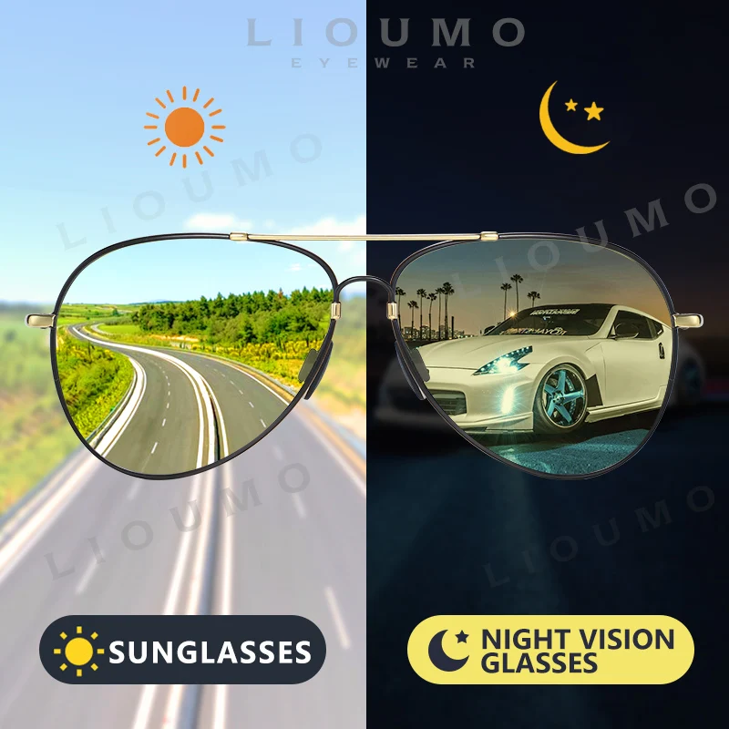 LIOUMO Pilot Sunglasses Polarized Men Photochromic Sun Glasses Women Day Night Driving Eyewear Memory Metal gafas de sol hombre