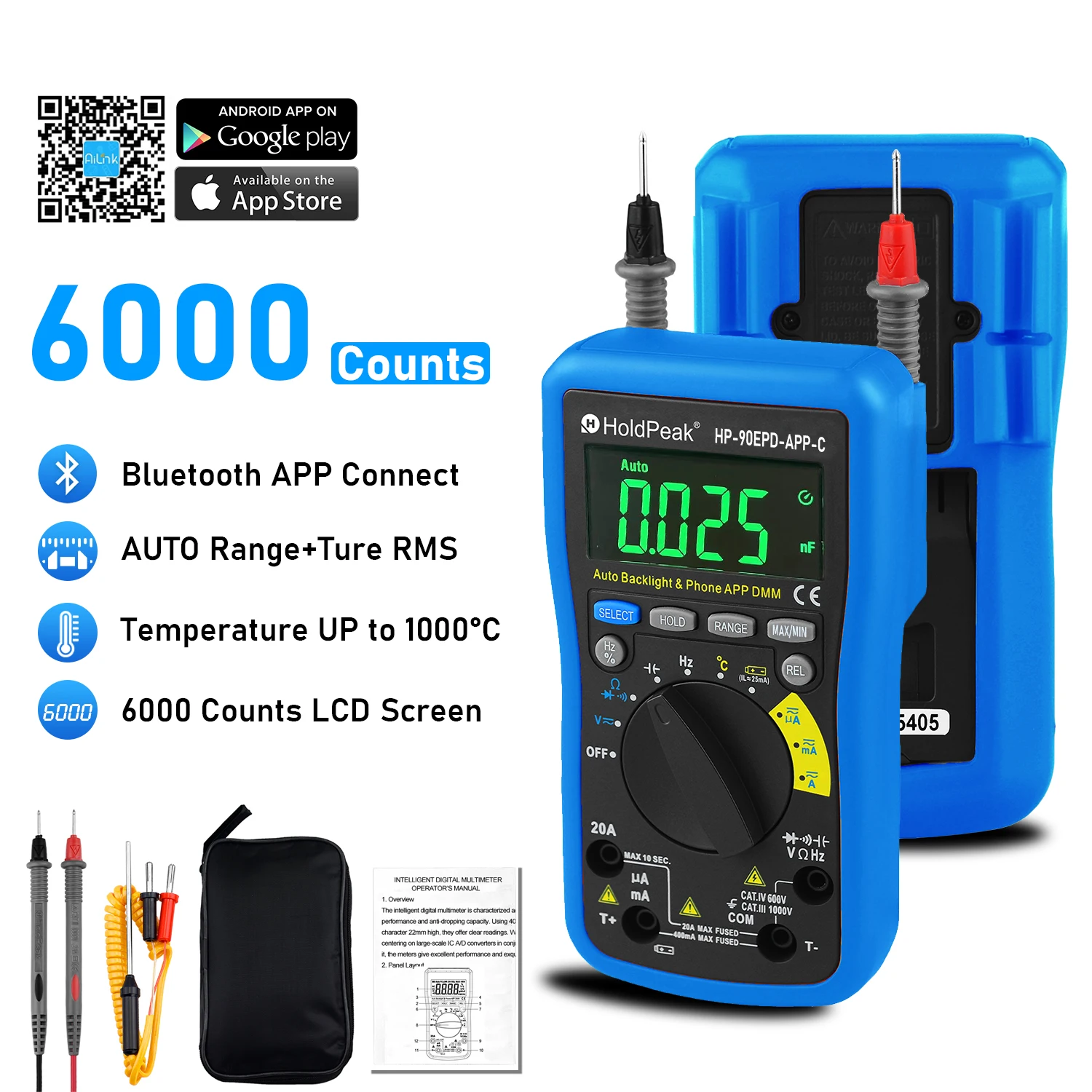 HoldPeak Smart Digital Multimeter,6000 Counts TRMS Meter ACV DCV 0-1000V Resistance Capa Frequency Test,Data Hold,