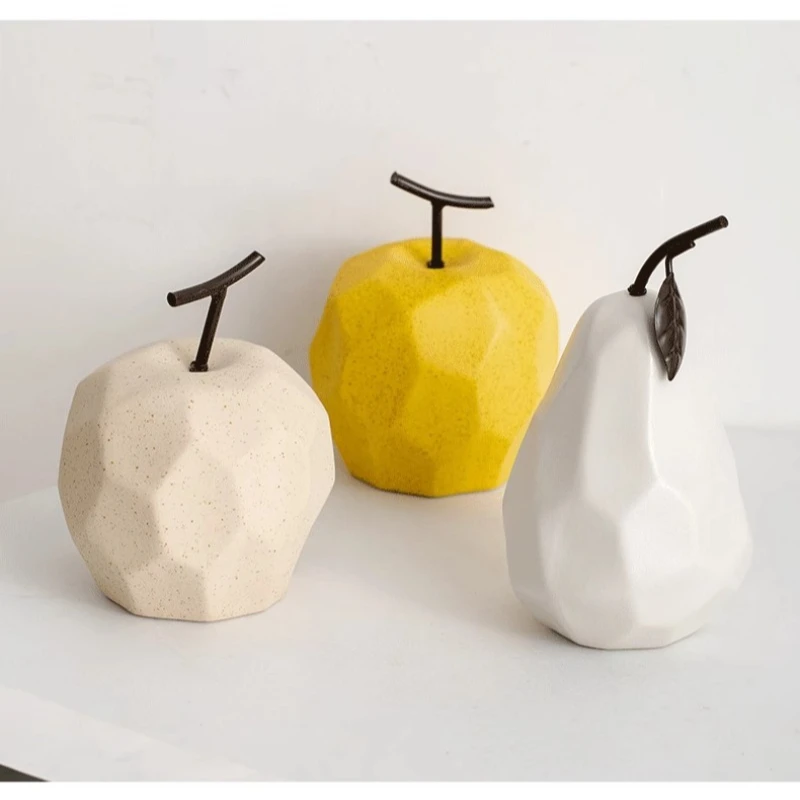 Geometric Apple and Pear Statues, Ceramic Crafts, Desk Fruit Decorations, Home Decor