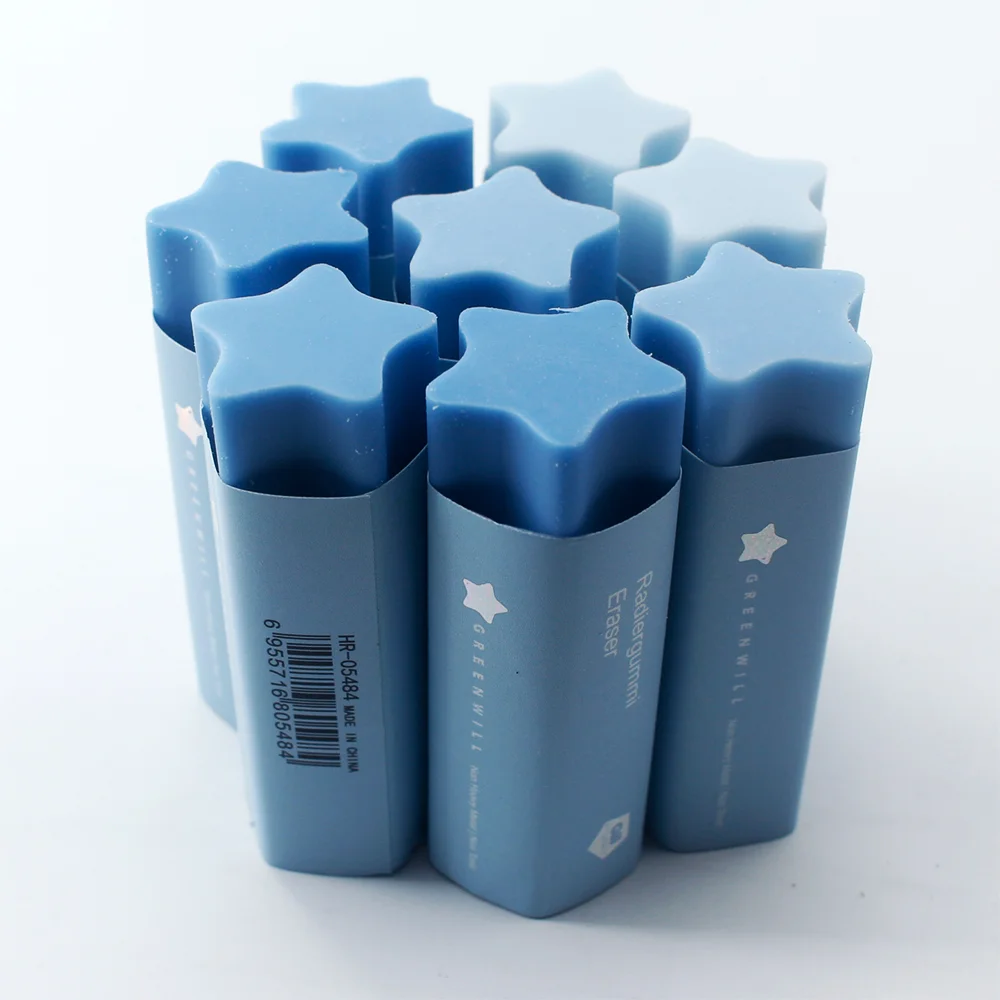 Blauer 5-spitzer sternförmiger Radiergummi mit hervorragendem Griff. Fühlen Sie einen blauen Farbverlauf. Sauber und glatt, ohne Rückstände oder Ausfallen