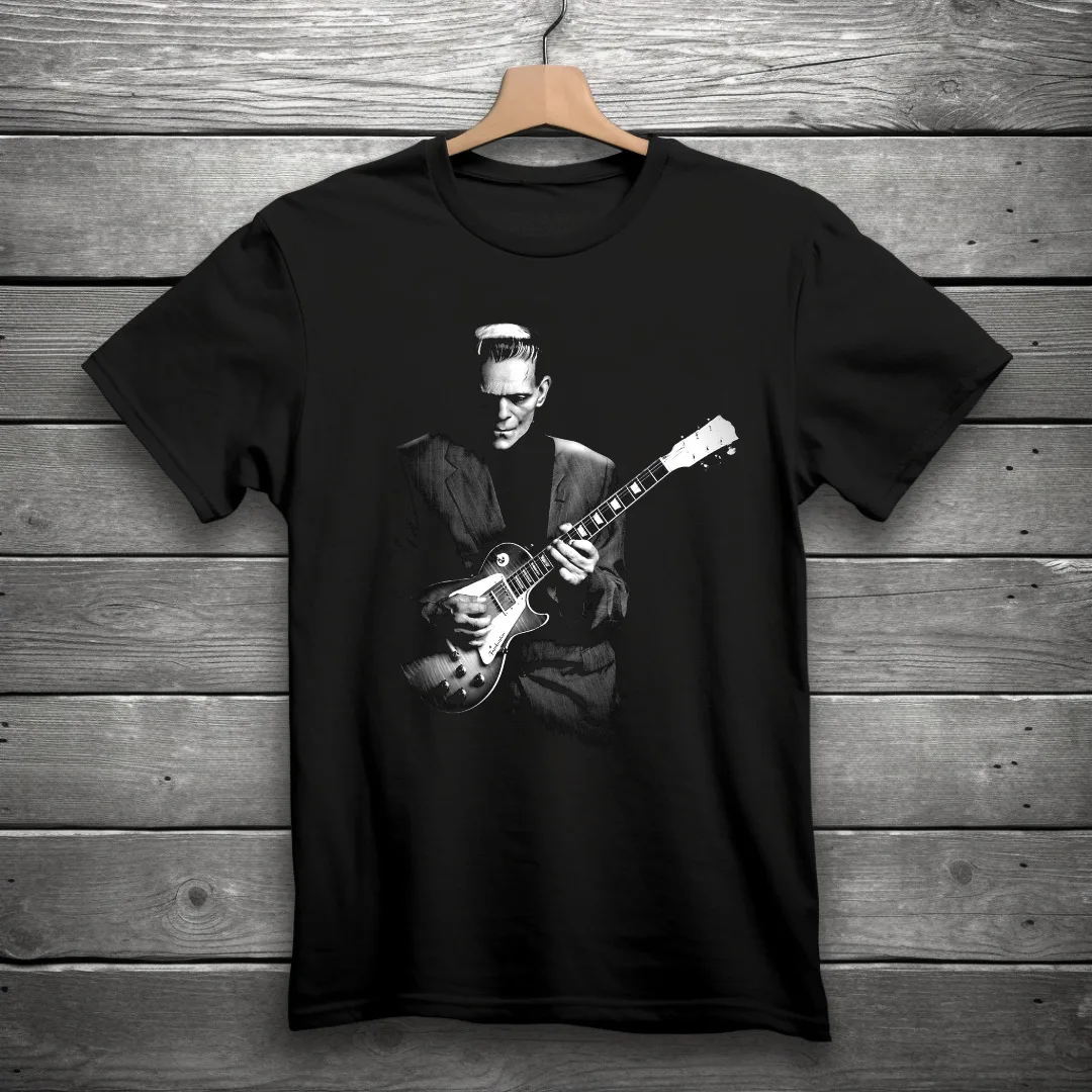 Frankenstein Playing Electric Guitar Horror T-Shirt Black S-3XL