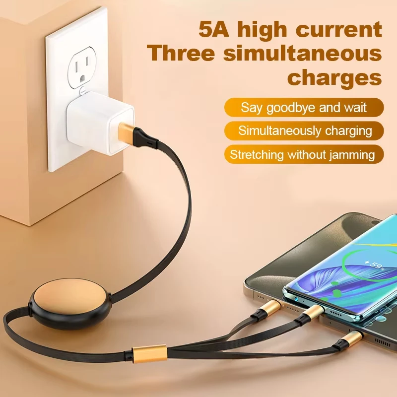 3-in-1 Multi USB Cable 1.2M 5A Fast Charging Retractable Data Sync for All Phones And Devices