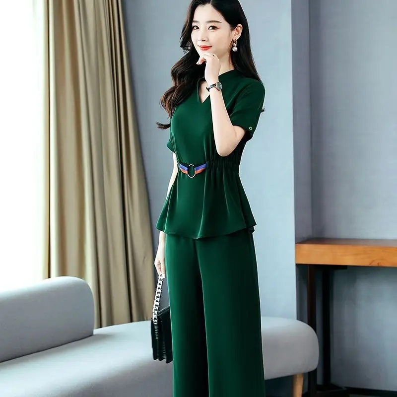 2022 New Spring and Summer Women\'s Suit Korean Fashion Casual Temperament Short Sleeve Wide Leg Pants Two-piece Set