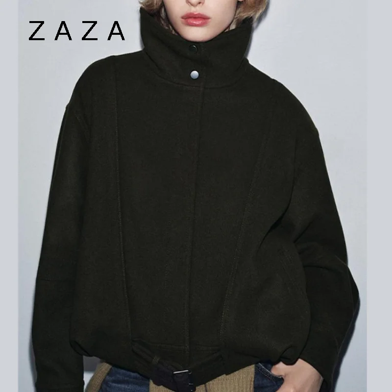 

Zaza винтажная коричневая шерстяная длинная куртка для женщин с длинным рукавом и высоким воротом, однотонное теплое пальто, новинка 2025 года, женская осенне-зимняя верхняя одежда