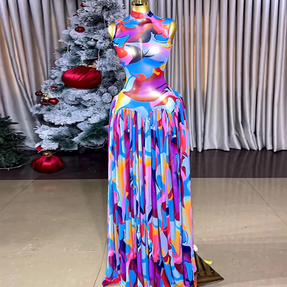 Damen 2026 Frühjahr Mode Batik-Druck Illusion Plissiertes Maxikleid Ärmellos Tailliert Elegante Partykleider – Detail 5