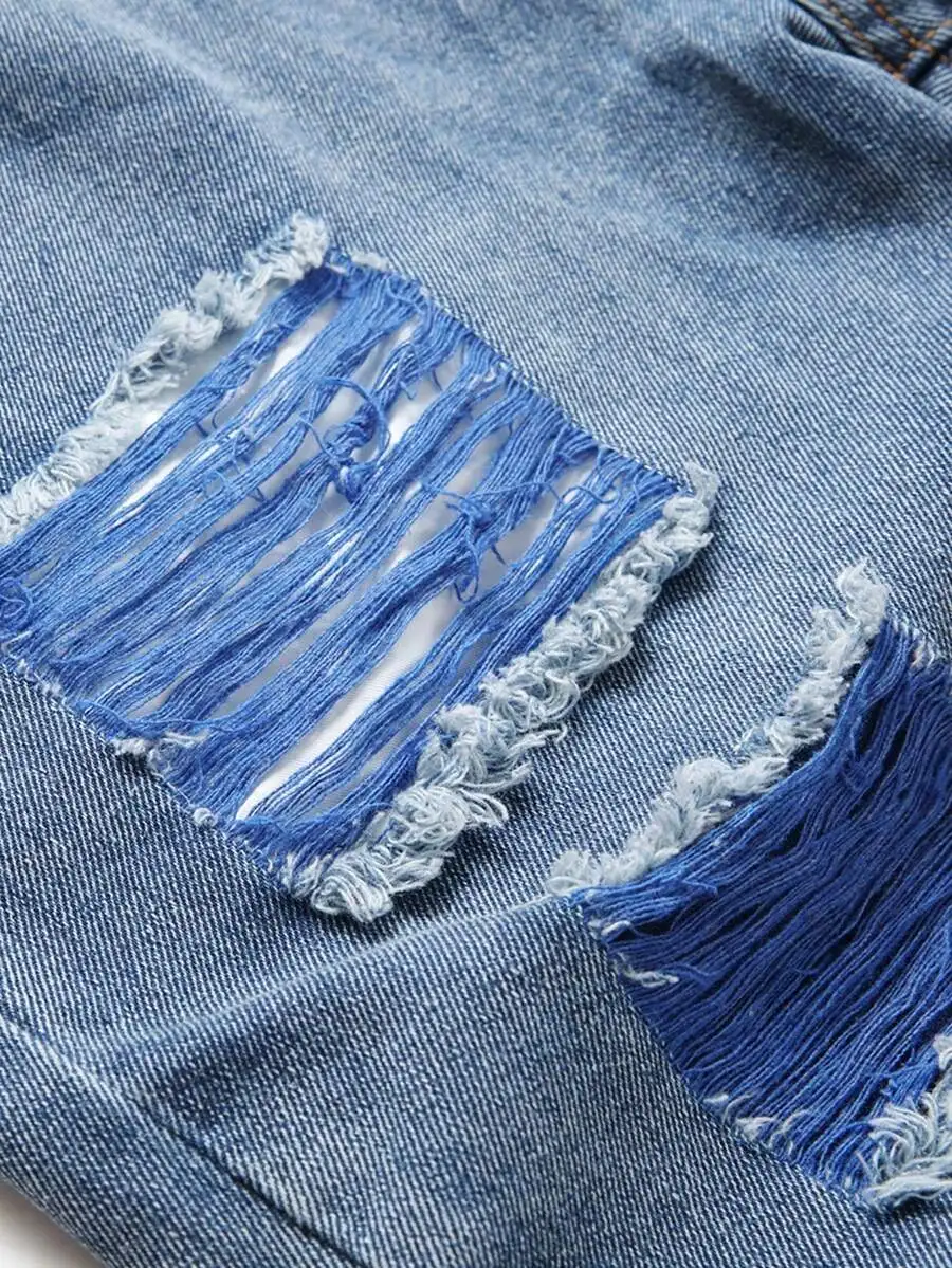

Mens Ripped Hole Denim Shorts With Embroidered Patchwork Casual Relaxed Fit Straight Leg Jean Shorts