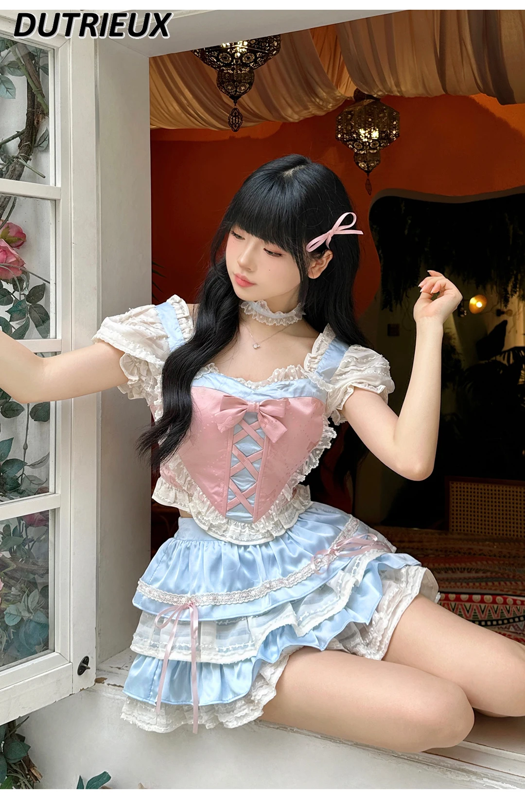 

Summer Sweet Princess Pink Blue Color Matching Puff Short Sleeve Top Lace Bow Shirt and Tiered Mini Skirts Two Piece Set