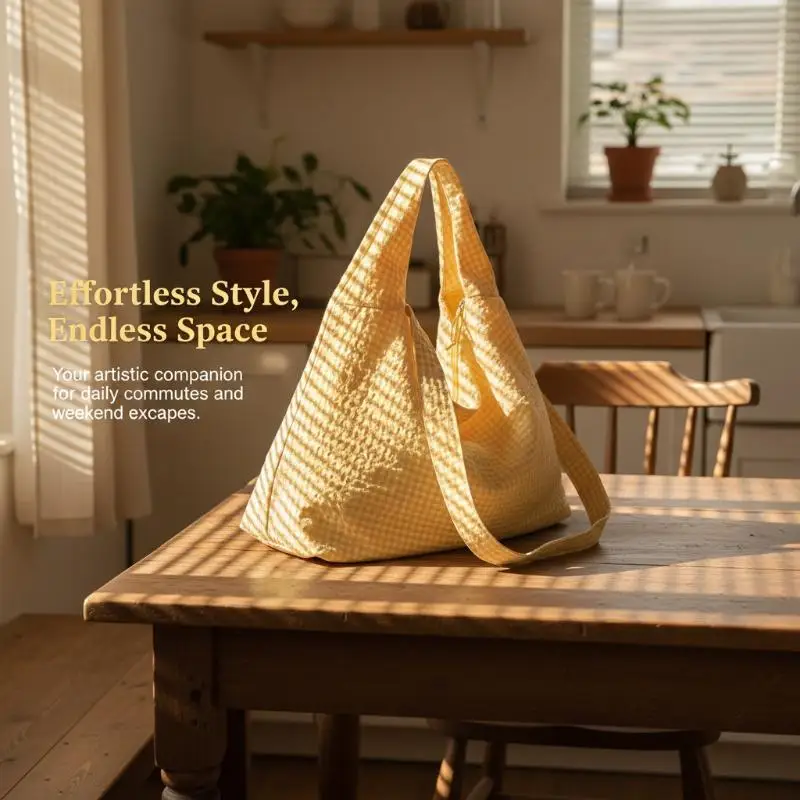 

Yellow Gingham Canvas Hobo Tote Bag Large Capacity Zip Closure For Daily Shopping Travel School