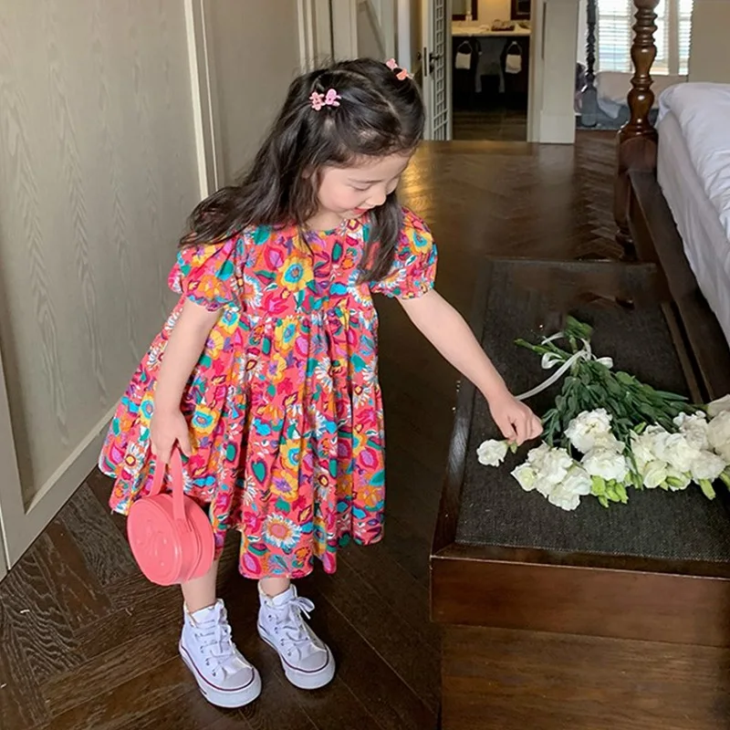 Girls' Dress Puff Sleeve Floral Dress Princess Dress25Summer New Foreign Trade Children's Wear Delivery3-8Years Old 4