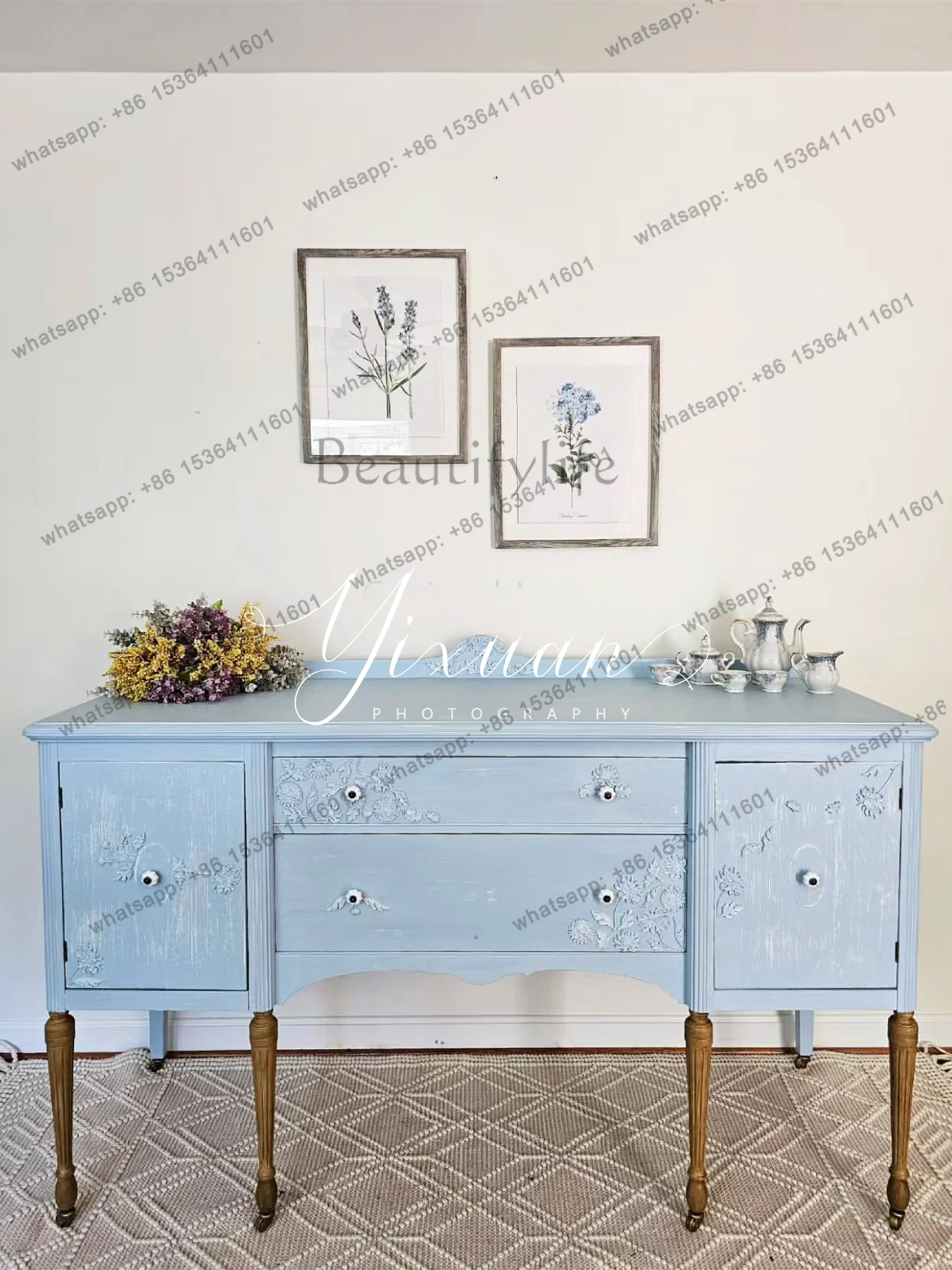 XX French solid wood retro dining side cabinet American retro simple living room locker