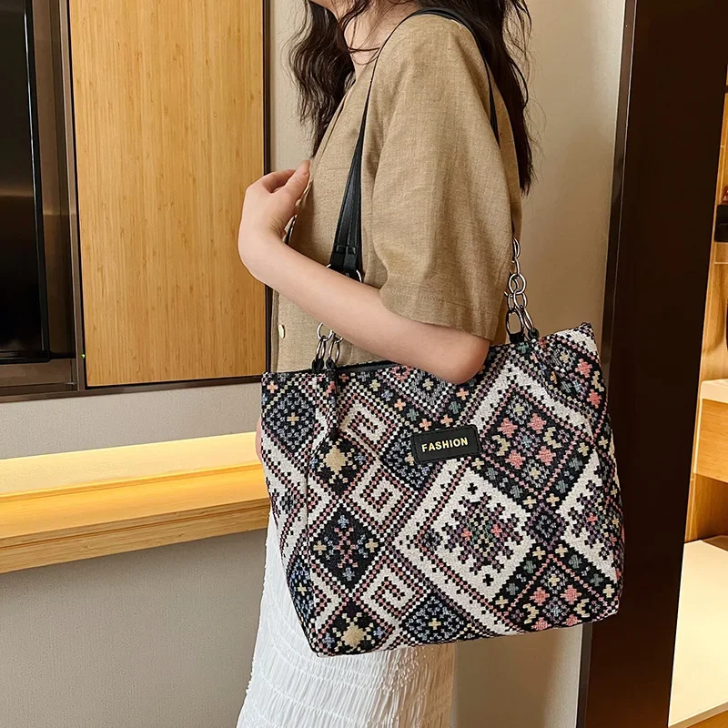 

Single shoulder women's bag new large capacity handbag women's bag retro tote bag supermarket shopping basket bag canvas bag