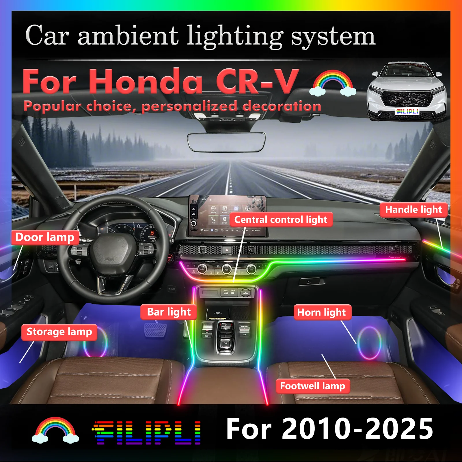 

10-в-1 для Honda CR-V 2010-2025 гг. Комплект внутренних атмосферных ламп с 64 цветами, светодиодные неоновые полосы с управлением через приложение