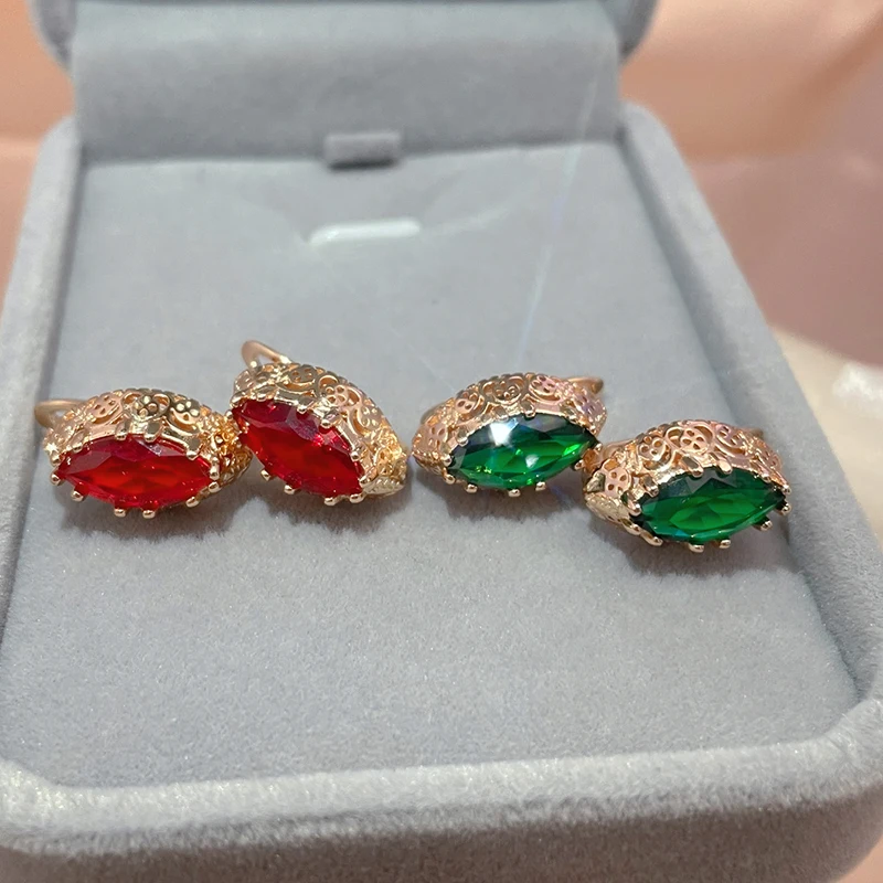 SYOUJYO Red Horse Eye Natural Zircon Earrings For Women 585 Rose Gold Color Vintage Jewelry