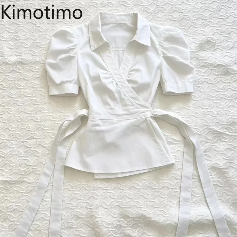 Kimotimo Women Shirts French Vintage Solid Puff Sleeve V Neck Cross Bandage Waist Crop Top Elegant Slim Y2k Aesthetic Blouse Ins