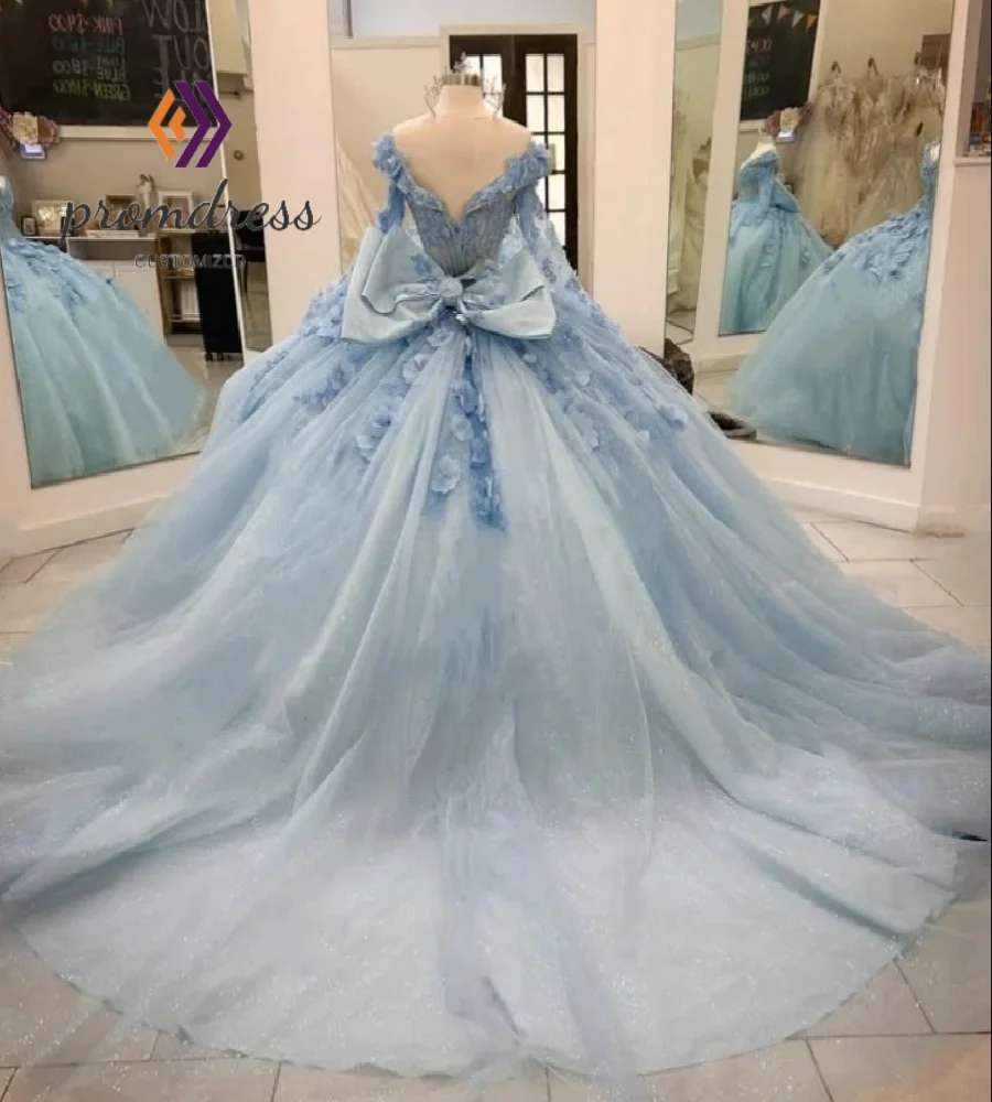 Elegancka Jasnoniebieska Sukienka Quinceanera 2025 z Kwiatami Odkryte Ramiona Długi Rękaw Vestio De 15 Años 2025 Suknia Wieczorowa Szyta na Miarę