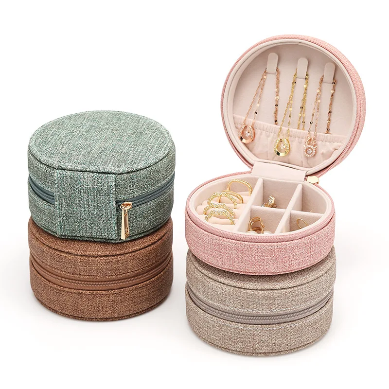 Wholesale Women Mini Circular Jewelry Box Linen PU Felt Zipper Jewel Display Case Rings Necklace Organizer Boxes Birthday Gift