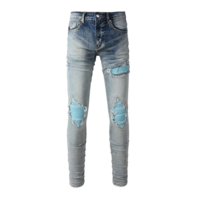 

Men's High Streetwear Distressed Light Blue Damaged Holes Ribs Patchwork Skinny Stretch Ripped Jeans