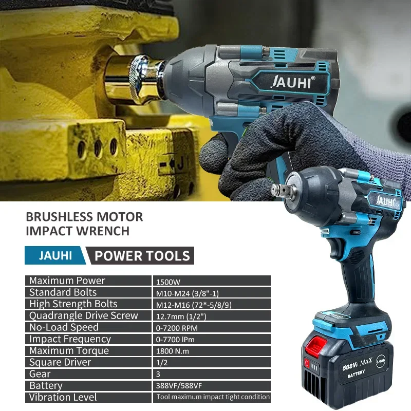 JAUHI 1800N.M Torque Brushless Electric Impact Wrench with 588VF Battery 1/2\