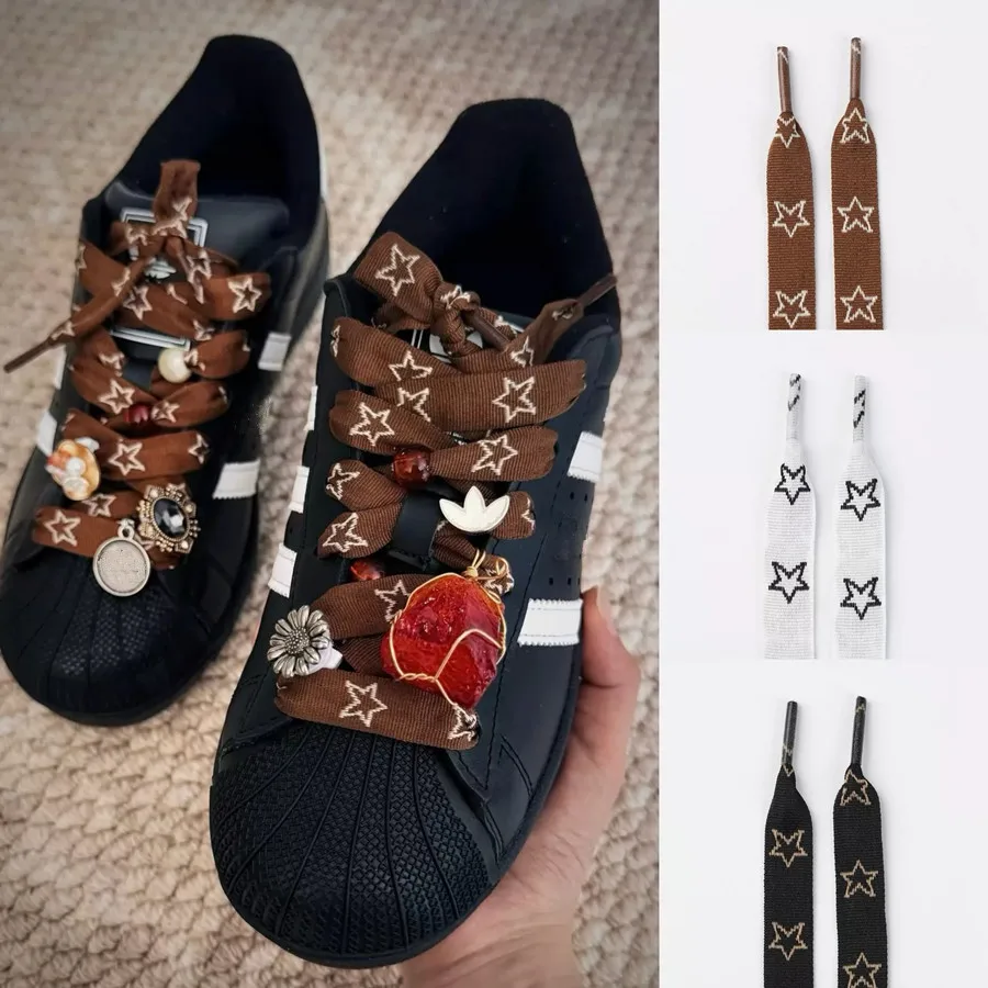 1.5cm Wide Jacquard Star Heart Flat Shoelaces Autumn Winter DIY Laces Flower for Men Women Sneakers Casual Sports Leather Shoes