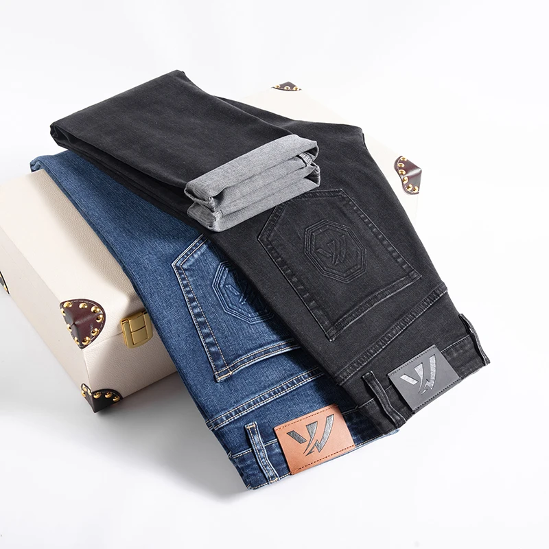 Men's Autumn Brand Cotton Stretch Denim Jeans Embossed Vintage Classic Fashion Casual Fit Straight Midweight Pants